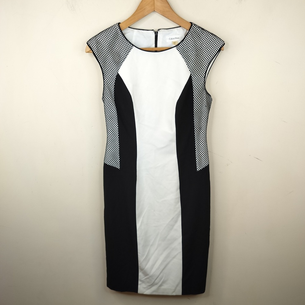 Calvin Klein Sheath Dress 2 Colorblock Mesh Panel Black White Career Office